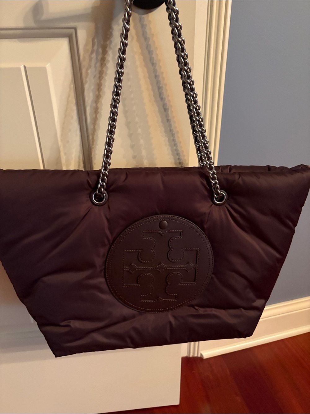 Tory Burch Brown Quilted Logo Tote with Silver Chain Straps